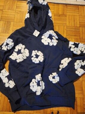Navy Hoodie with White Floral Cloud Print